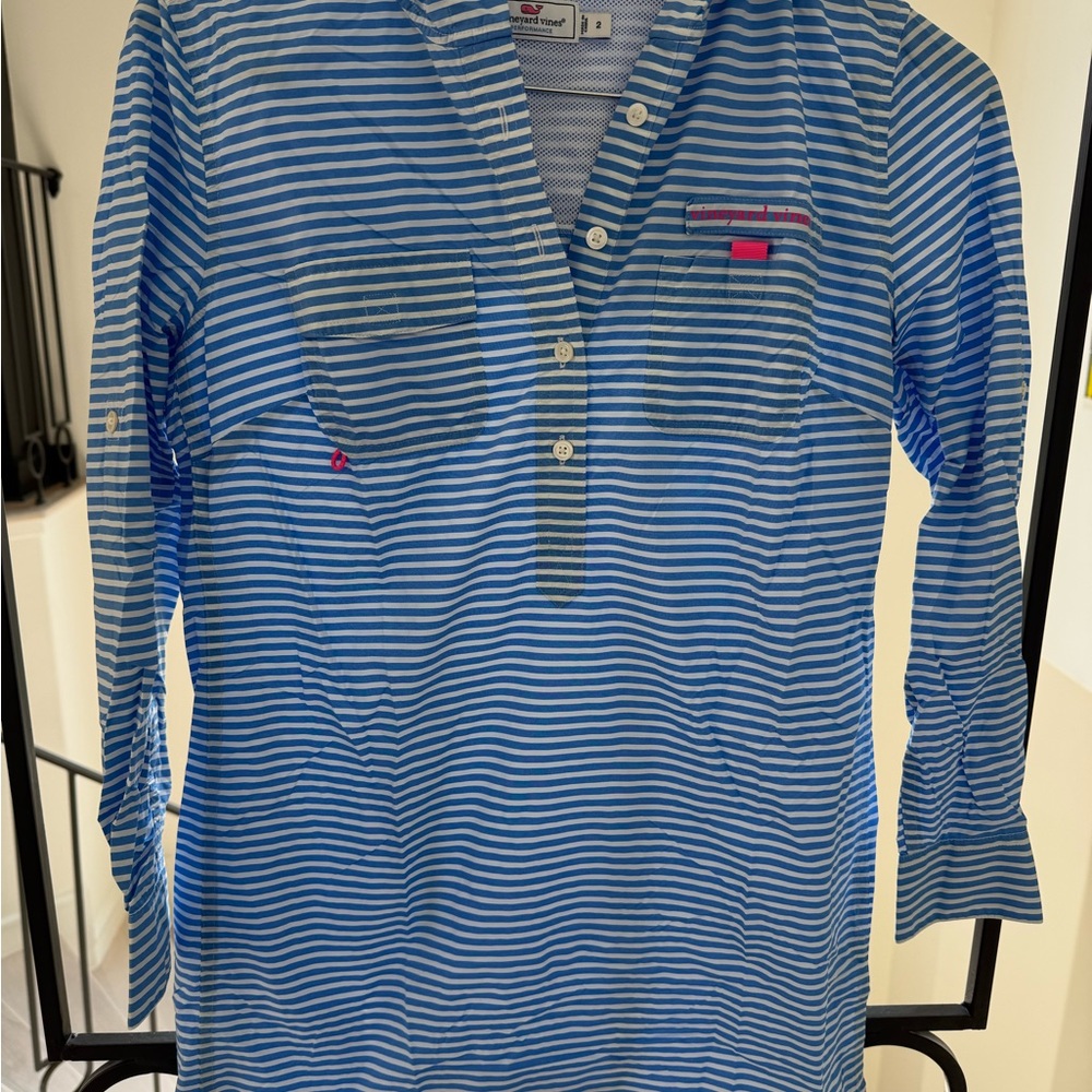 Vineyard Vines Blue and White Striped Henley Swim Coverup with Pink Accent